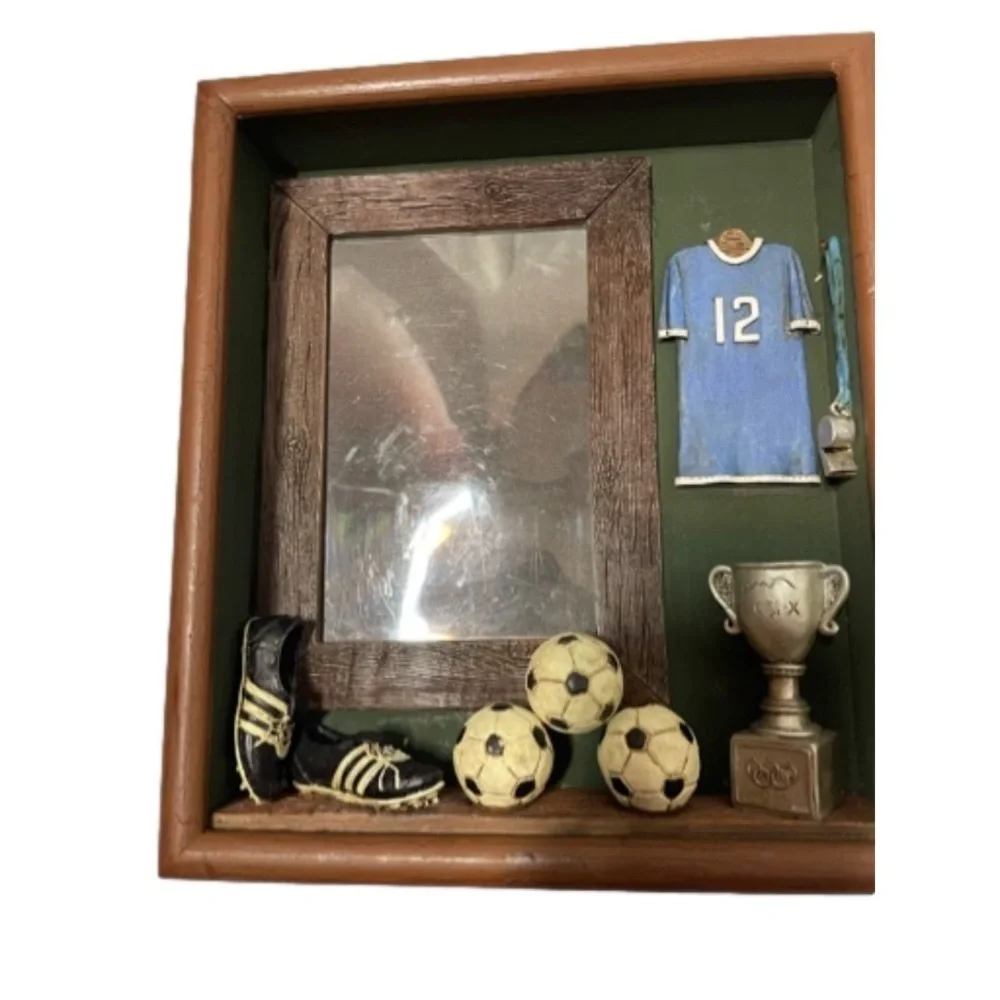 Vintage Grannycore, Eclectic Grandpa Soccer Memorabilia Picture Frame Shadow Box
